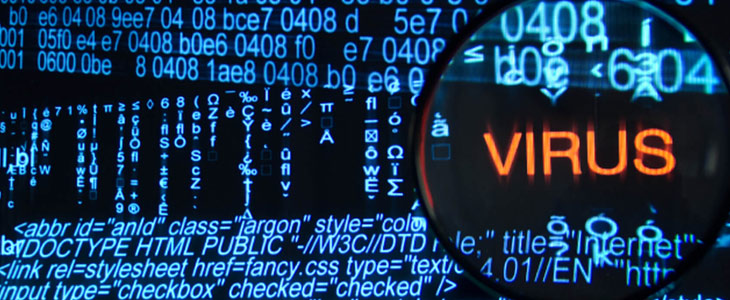 lines of computer code with the word virus magnified in the foreground