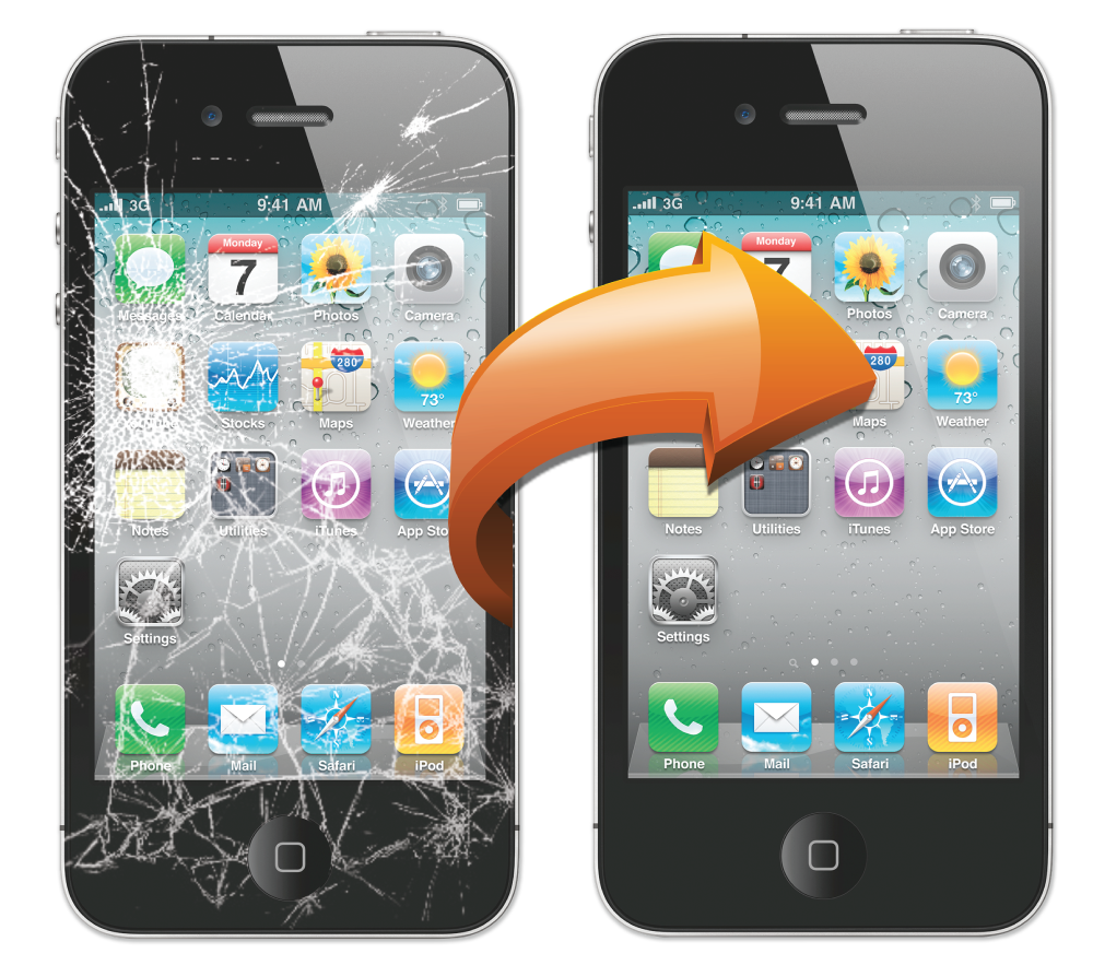 arrow pointing from iphone with cracked screen to iphone with fixed screen